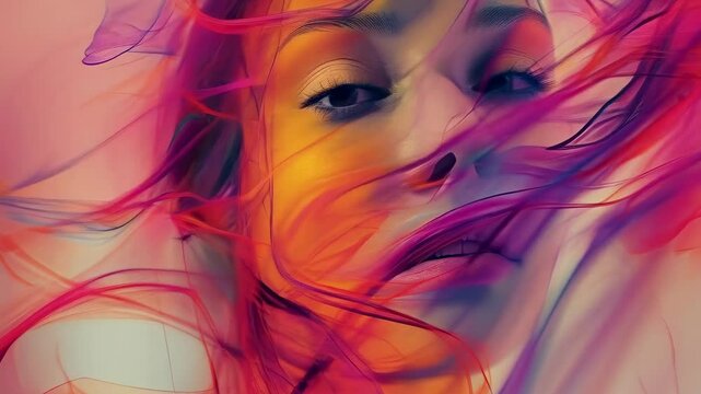 A young Asian woman is depicted in an artistic portrait, surrounded by swirling colorful ribbons. Her expression is serene, and the vibrant colors create a dynamic, ethereal atmosphere. The image