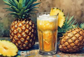 Close-up of a pilsener with pi&ntilde;acolada and a cut in swirl pineapple, natural colours, point of view camera angle, painted in abstract expressionism, hdr colours, rustic paint brushes, sketch style
