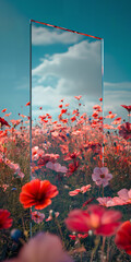 A mirror sits in a surreal field of red flowers