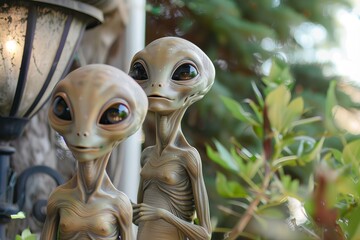 Two lifelike alien sculptures with large eyes stand near a lantern, creating a whimsical outdoor scene