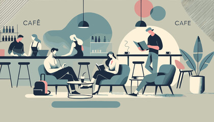 Concept of the image of people spending time in a café.
Vector illustration.