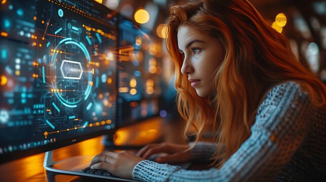 Woman using a laptops computer show a Privacy Lock icon on virtual screen interfaces 