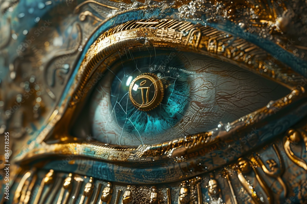 Poster macro image capturing the intricate design of a cybernetic eye, symbolizing advanced technology