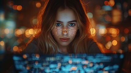  Woman using a laptops computer show a Privacy Lock icon on virtual screen interfaces 