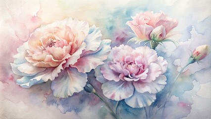 Fototapeta premium Delicate watercolor carnations in pastel hues.