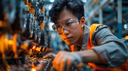 Chinese engineer working on EV car battery cells module in a electric vehicle factory