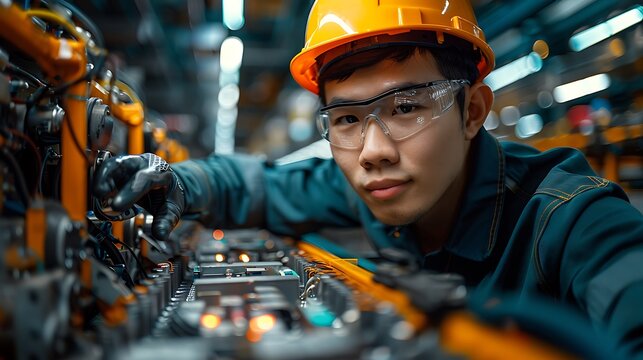 Chinese engineer working on EV car battery cells module in a electric vehicle factory - Powered by Adobe