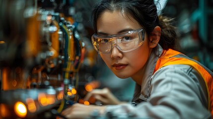 Chinese engineer working on EV car battery cells module in a electric vehicle factory