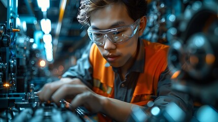 Chinese engineer working on EV car battery cells module in a electric vehicle factory