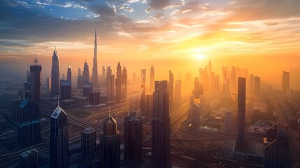 Panoramic View of a Prosperous Financial District at Sunset