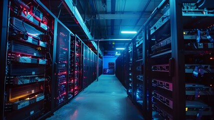 Fototapeta premium Cryptocurrency Mining Rigs in Futuristic Industrial Warehouse Setting with Cooling Systems and Technological Aesthetic