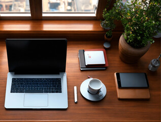 desk, a computer, keyboard, mouse, monitor, notebook, pen, pencil for down notes. organized with a stapler, paper clips, sticky notes, and a desk lamp, lit, include a coffee mug, pictures, plant