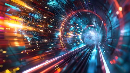 Fototapeta premium Protons Colliding in a Particle Accelerator with Energetic Subatomic Interactions and Vibrant Visuals