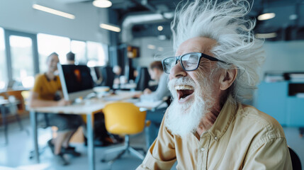 A colorful and expressive image of an elderly man with wild white hair and glasses, laughing out loud, in a modern office space with colleagues working at desks and computers