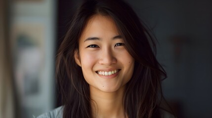 Radiant Asian Woman s Captivating Smile and Gentle Gaze in Natural Beauty Portrait