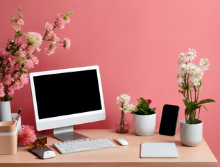 desk, a computer, keyboard, mouse, monitor, notebook, pen, pencil for down notes. organized with a stapler, paper clips, sticky notes, and a desk lamp, lit, include a coffee mug, pictures, plant