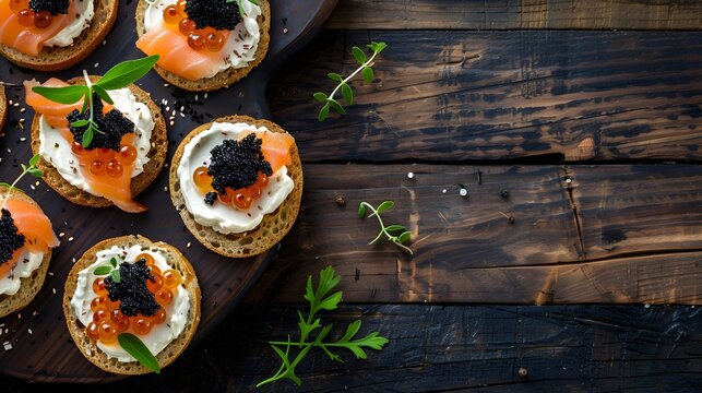 Canapes with black sturgeon and salmon fish cavia