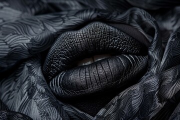Closeup of dark, textured lips against a patterned fabric, evoking elegance and mystery