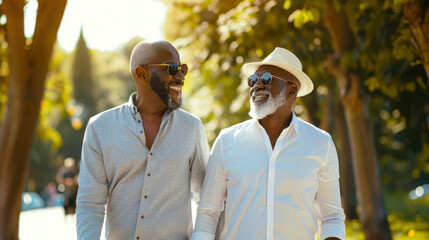 A stylish fashionable black couple of elderly gay men are walking in the park. Two gray-haired happy men in sunglasses on a walk