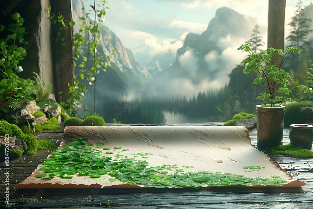 Poster a table with a scroll and plants on it, adding a touch of nature.