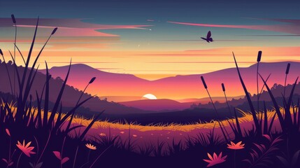 Fototapeta premium Sunset over rolling hills with tall grass and a butterfly.