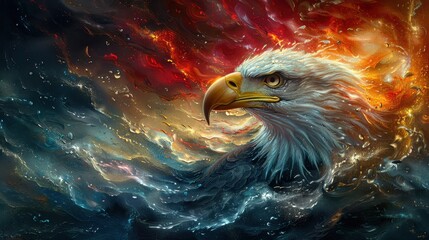 Majestic Bald Eagle in Fiery and Oceanic Abstract Digital Art