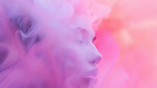 A Caucasian woman's face surrounded by soft, colorful smoke, creating a dreamy, ethereal vibe. Her serene expression suggests a state of tranquility or deep reflection. The scene is infused with