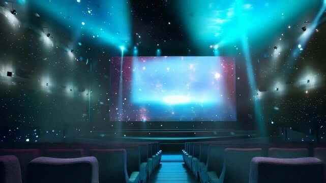 A futuristic theater, empty with rows of blue seats, showcases a dazzling holographic laser show on stage, emitting a vibrant, cosmic ambiance. Lights and effects create an immersive, futuristic