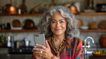 Mature Hispanic, Latina woman using smartphone for video call or facetime call in kitchen setting, family time, copy space
