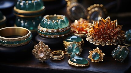 Close up of handcrafted jewelry on a textured wooden surface 