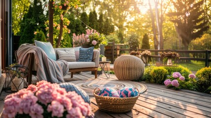 Obraz premium Cozy wooden terrace with rustic wooden furniture, soft colorful pillows and blankets, decorations and flower bushes. Charming sunny evening in summer garden