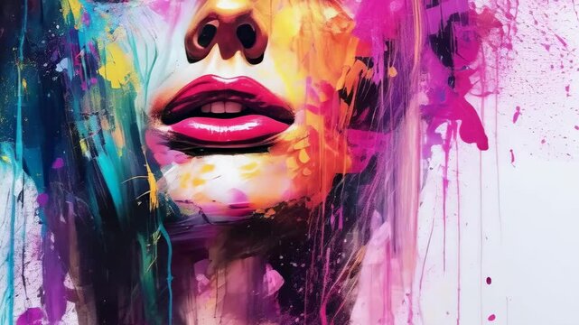 A vivid abstract portrait of a young woman with bold red lips and multicolored dripping paint covering her face. The artwork features vibrant hues of blue, yellow, pink, and orange, creating a