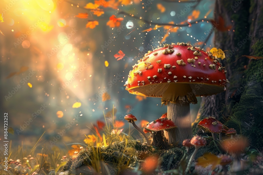 Wall mural magical scene of red mushrooms bathed in the golden light of a setting sun in a fairytale forest