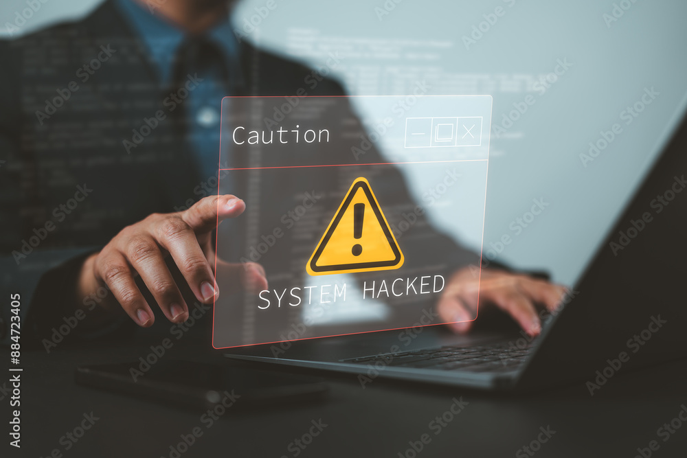 Poster System hacked alert after cyber attack on computer network. user is using computer with triangle caution warning sign for notification error. cyber crime, cyber security, Ransomware, Phishing, Spyware