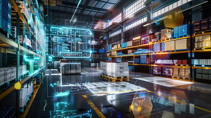 Futuristic warehouse with digital icons and boxes on pallets, symbolizing innovation in dynamic logistics control systems