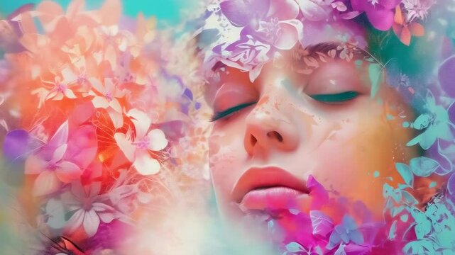 A young woman with a relaxed expression is enveloped by vibrant floral patterns. Her eyes are closed, suggesting calmness and introspection. The bright, abstract flowers create a dreamy, surreal