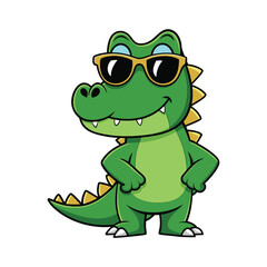 little crocodile using black sunglassess in white background isolated