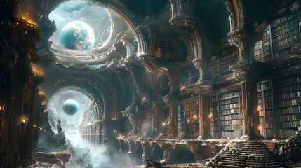 Cerebrum depicted as a grand library with floating books and glowing knowledge orbs, set in a mystical realm.