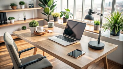 A modern, sleek, and minimalist workspace setup with laptop, phone, and assistive technology devices on a clean wooden desk.