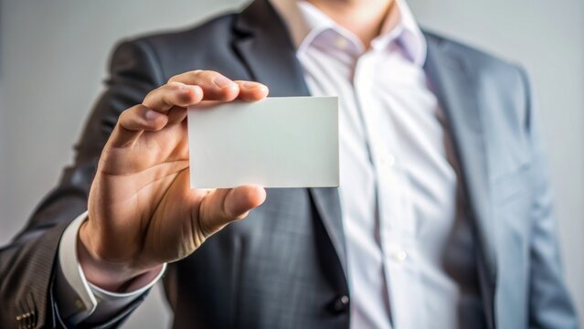 Isolated white blank business card held by a solitary hand in a minimalistic, empty, neutral-colored background setting.