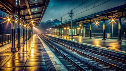 Obraz premium Dimly lit railway station platform at night with eerie shadows, deserted streets, and faint city lights reflecting off wet asphalt.