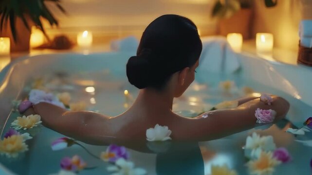 A young Southeast Asian woman enjoys a relaxing bath in a flower-filled tub surrounded by lit candles. Her hair is tied in a bun, and the scene is serene and calming, evoking a spa-like atmosphere in
