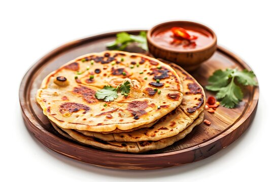 Board and plate of tasty Paratha with on white background.