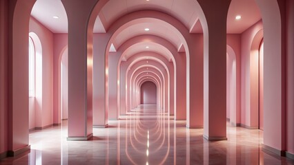 Fototapeta premium Sleek, modern, pink-hued 3D studio corridor with endless arched doorways, polished floor, and soft ambient lighting for product showcases.