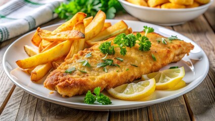 Freshly cooked golden battered fish steak served with crispy chips, lemon wedge, and sprinkled parsley on a white plate.