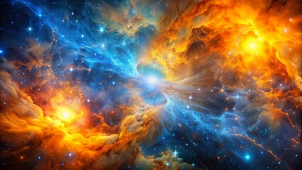 Vibrant orange, blue, and yellow cosmic nebula fills deep space, stars and galaxies unfolding in an awe-inspiring universe backdrop.