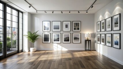Obraz premium Minimalist empty room with modern black and white framed pictures hanging on a wall, creating a simplistic elegant atmosphere.