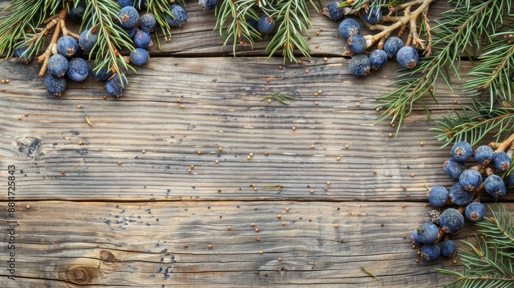 Poster juniper branches and seeds displayed on aged wooden surface from above with empty area for text