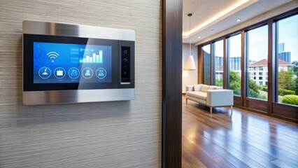Modern sleek smart home control system panel on wall with thermostat for effortless temperature adjustments and energy cost savings.