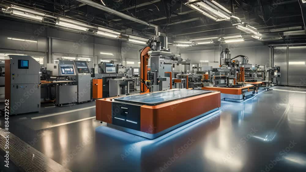 Poster modern factory with automated machinery and advanced technology.